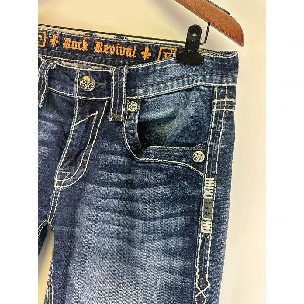 Rock Revival Destin Boot Cut Jeans Embellished Denim Embroidered Cowboy Mens 32